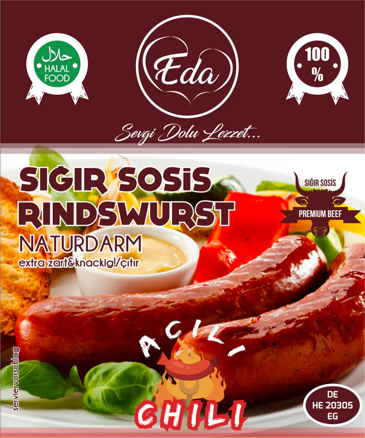 Eda Rindwurst Scharf Halal – 720g | Würzige Grillwurst im Naturdarm aus 100 % Rind
