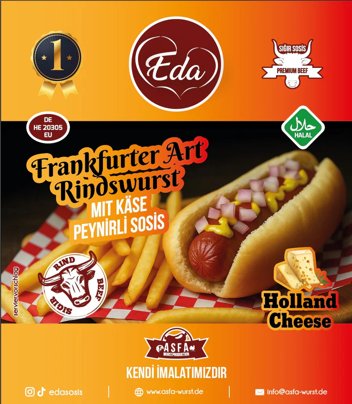 Eda Käsewurst Halal – 400g | Rindwurst mit schmelzendem Hollandkäse & feiner Würzung