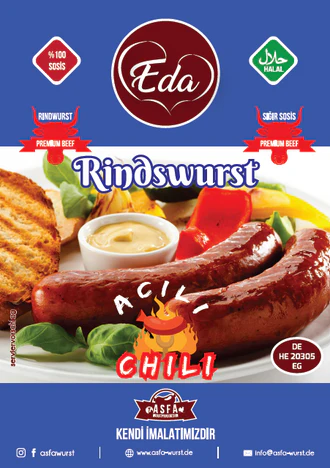 Eda Rindswurst Chili Halal – 700g | Scharfe Grillwurst aus 100 % Rindfleisch